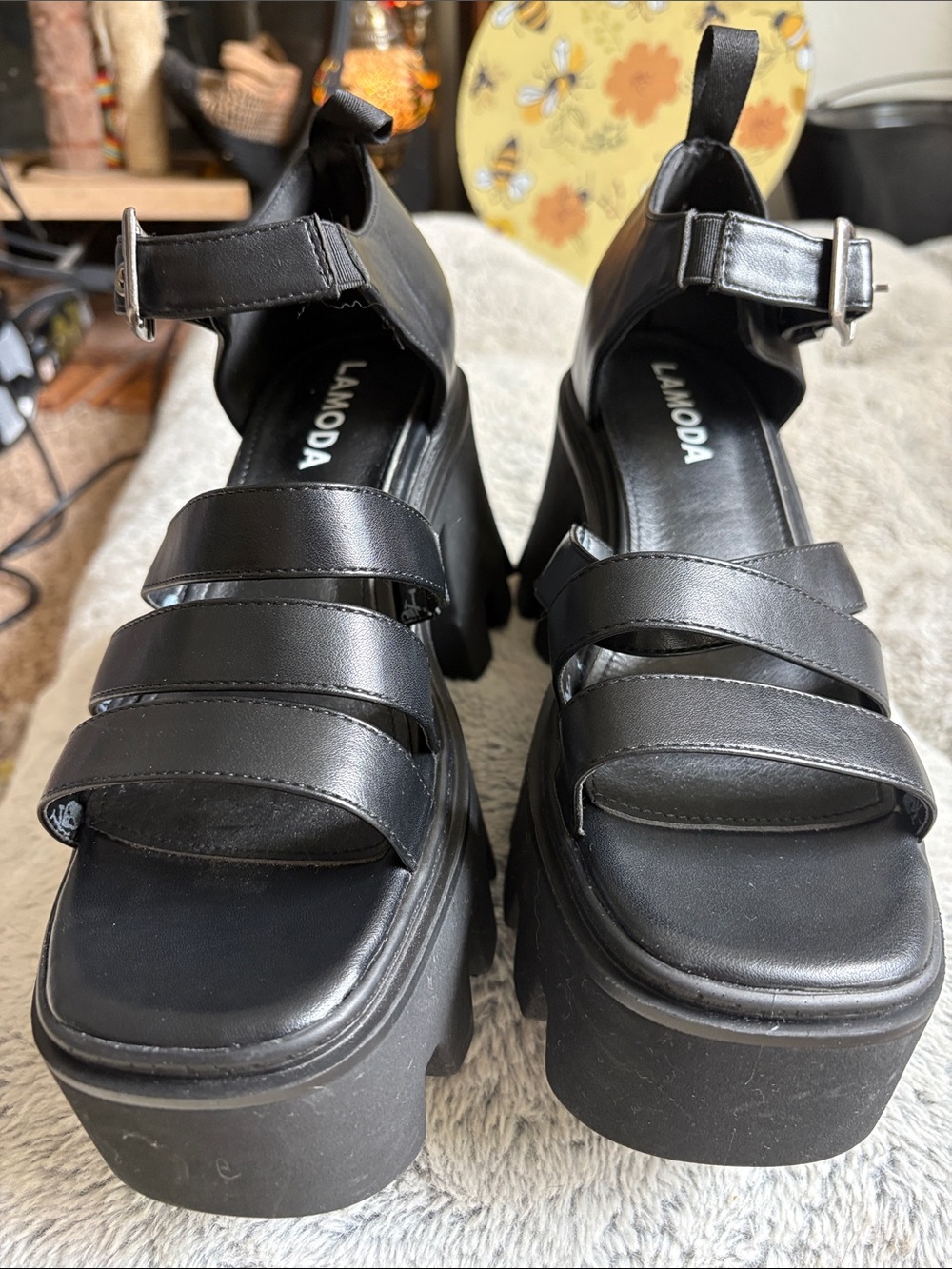 LAMODA Black Triple-Strap Platform Sandals with Ankle Buckle
